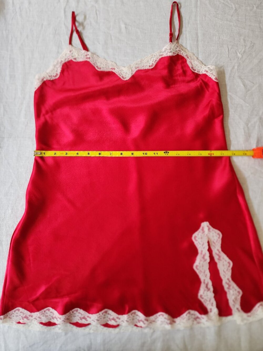 VTG Victoria’s Secret Red Satin Lace Slip Dress Medium High Thigh Slit - Picture 8 of 8